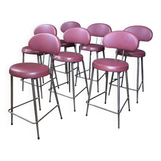 Set of 7 high cherry leatherette bar chairs for SIF France