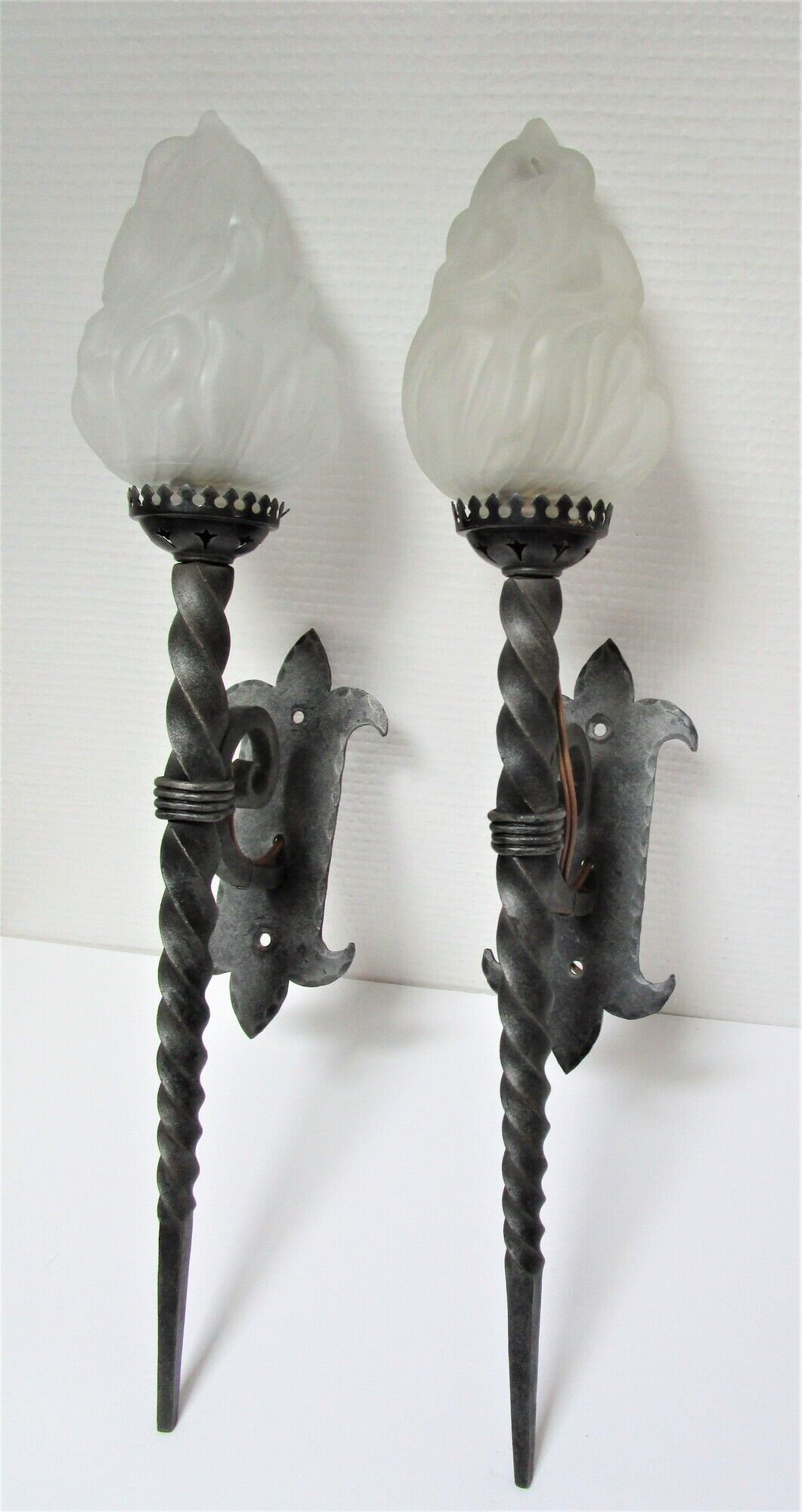 Pair of wall lamps torch glass flame and metal early XXth
