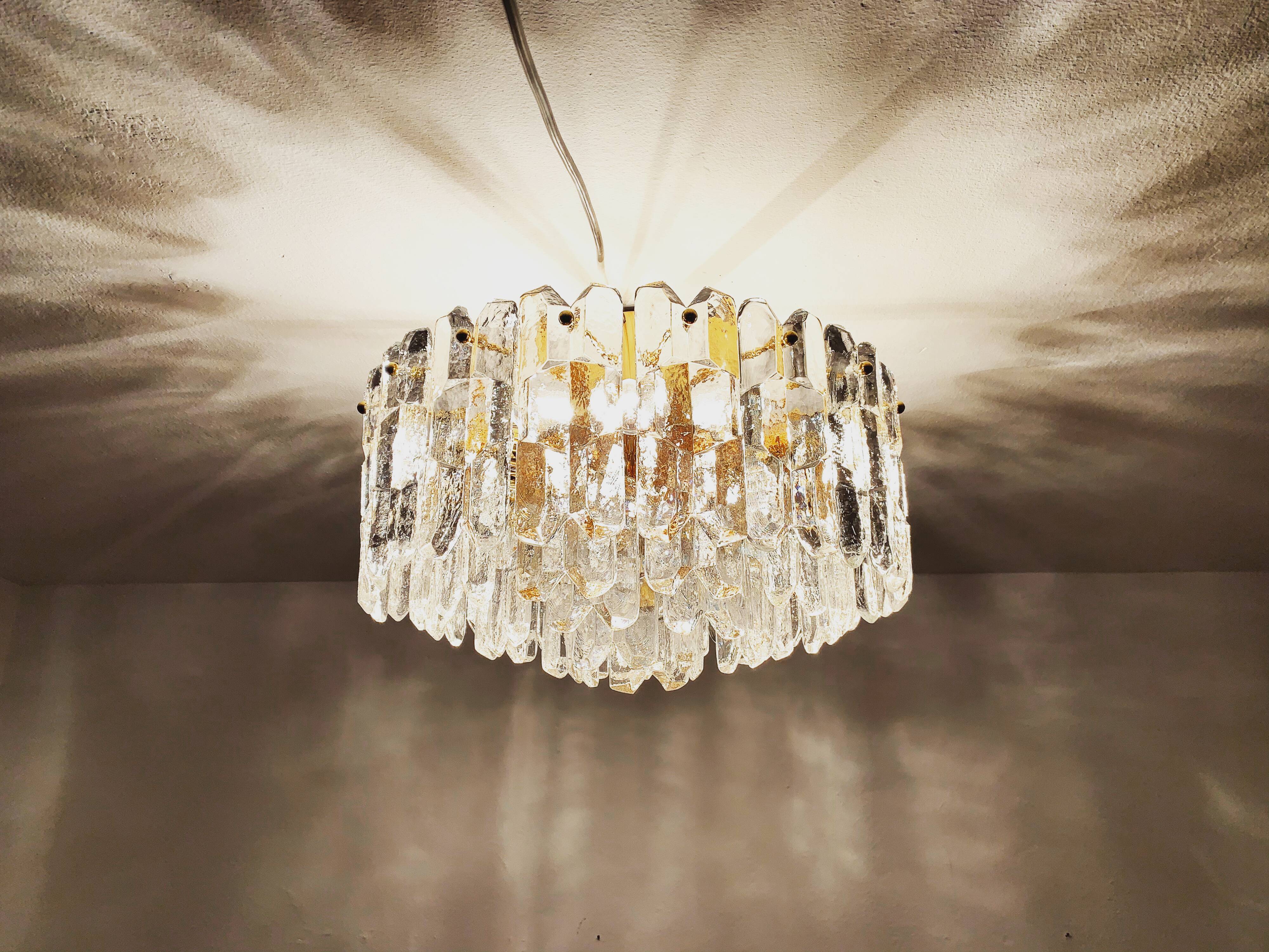 Gilded ice glass ceiling chandelier by J.T. Kalmar