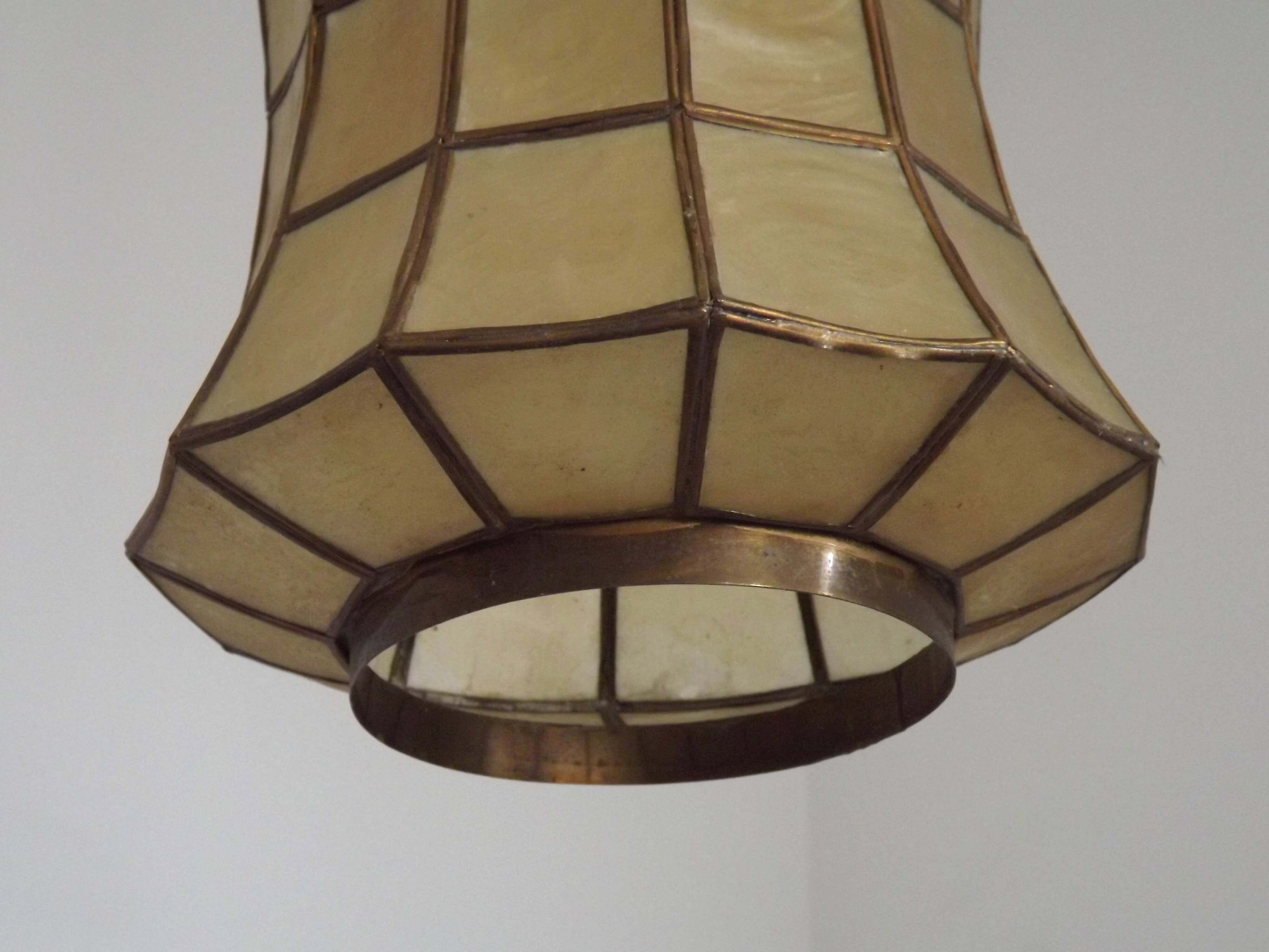 French Vintage Capiz Shell Hanging Pendant Light in Brass Metal and Copper