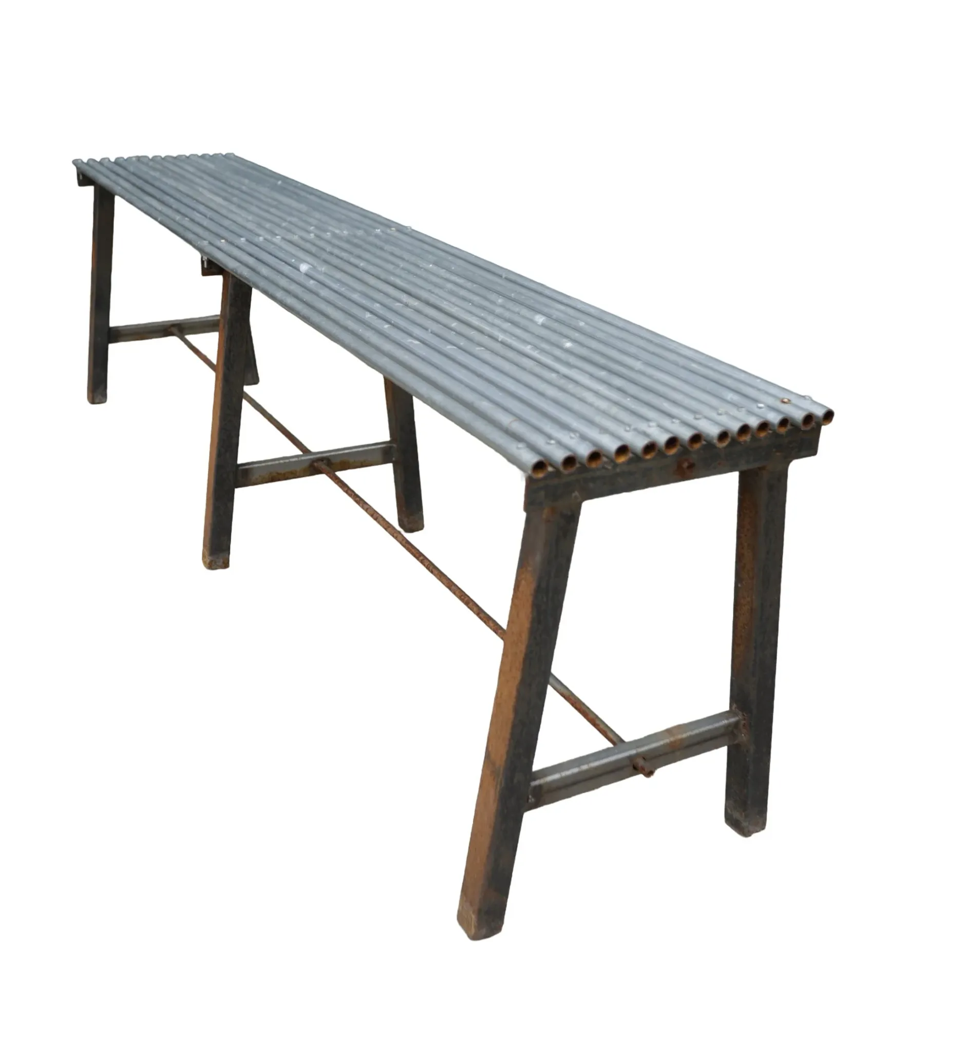 Long metal bench with tubular seat