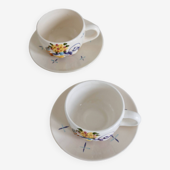 Paire de tasses vintage et sous tasses porcelaine barbotine motif petit déjeuner peint à la main