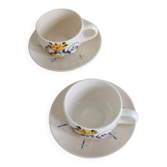 Pair of vintage cups and saucers porcelain barbotine hand-painted breakfast pattern