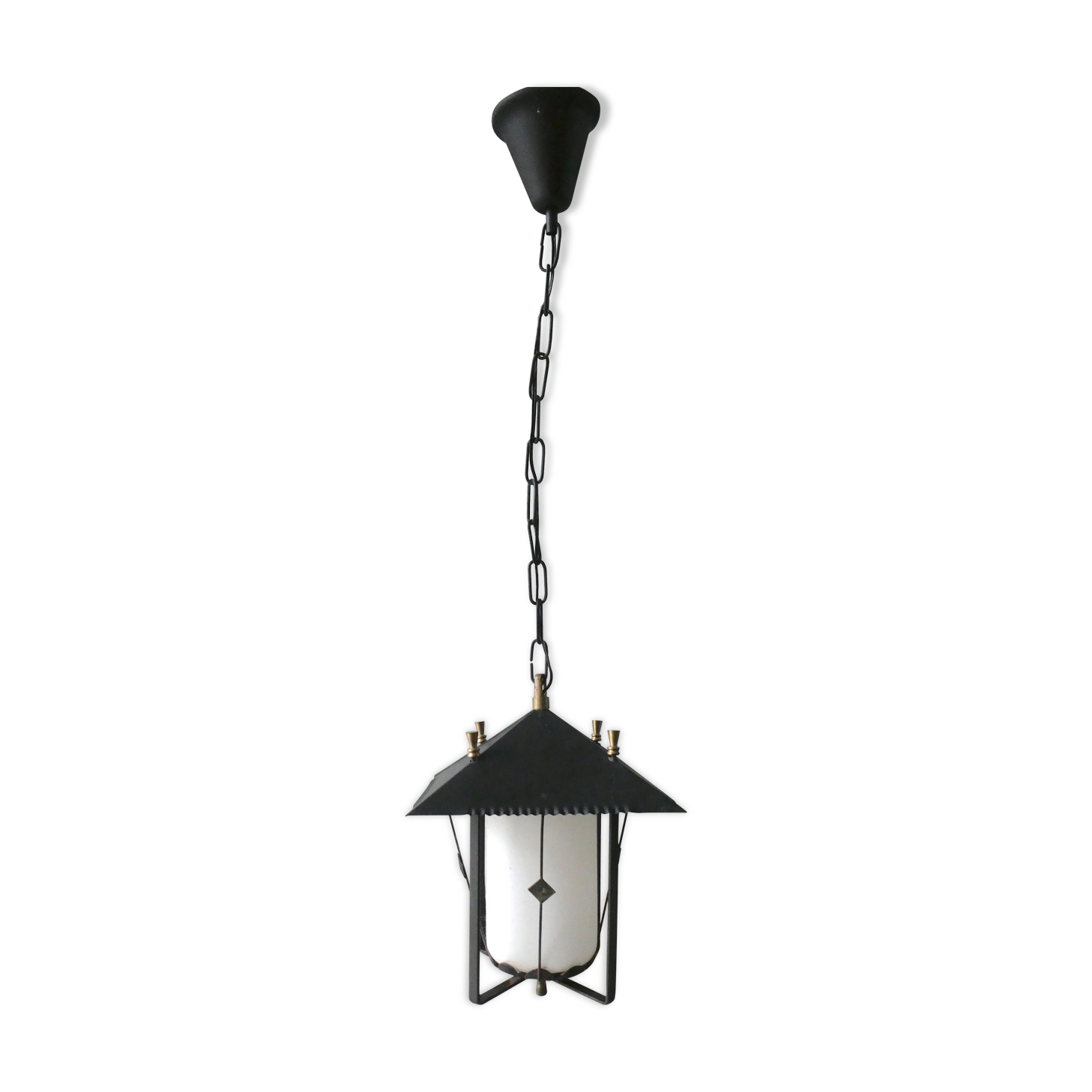 Lantern suspension in black metal and opaline of the 50s