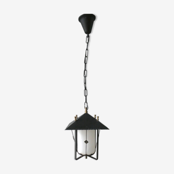 Lantern suspension in black metal and opaline of the 50s