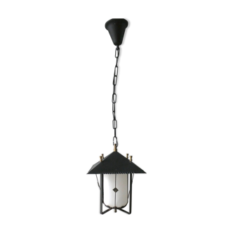 Lantern suspension in black metal and opaline of the 50s