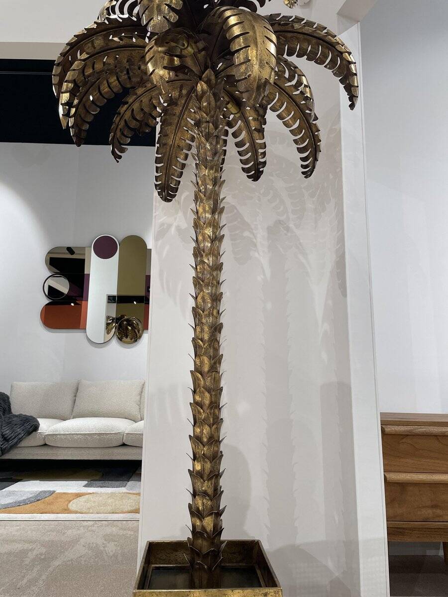 Palm Tree Floor Lamp in Gold Metal and Black Lacquered Mirror