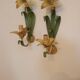 Floral single-arm wall lights, wall sconces, toleware, French vintage enamel.