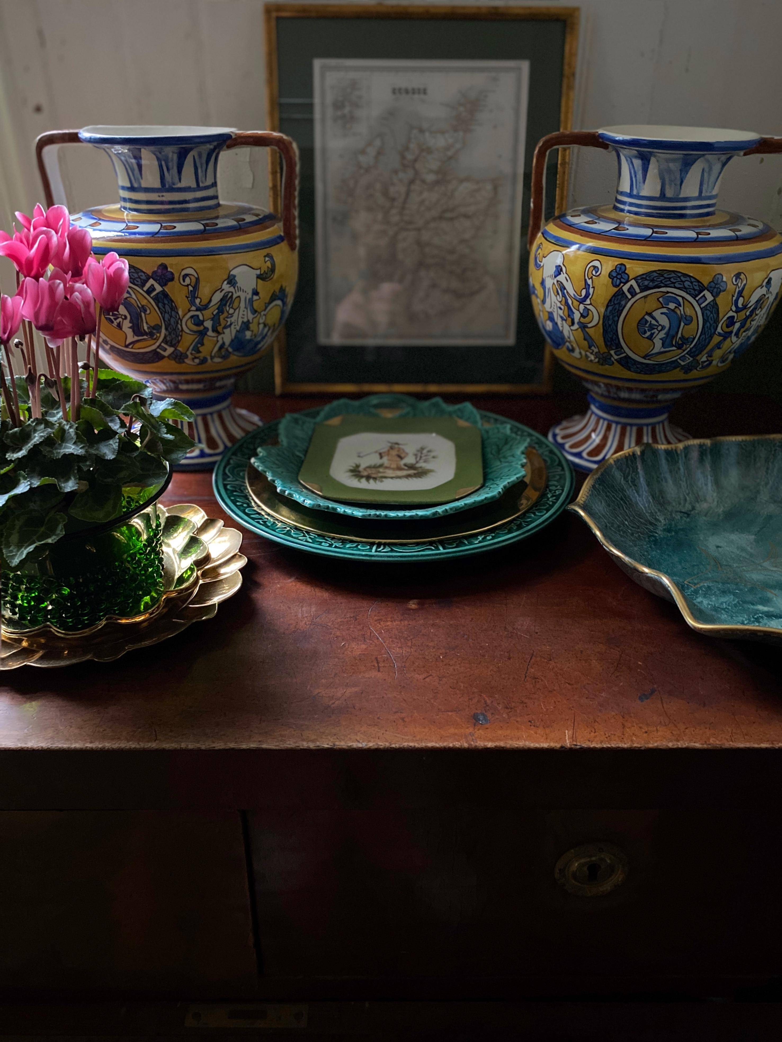 Large Hand-Painted Ceramic Double Handled Vases,  France, Set of 2