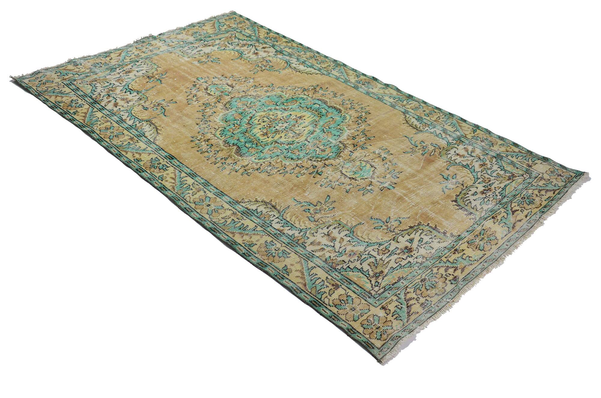 Vintage Turkish Carpet Floral Medallion Beige Green 280 x 166 cm