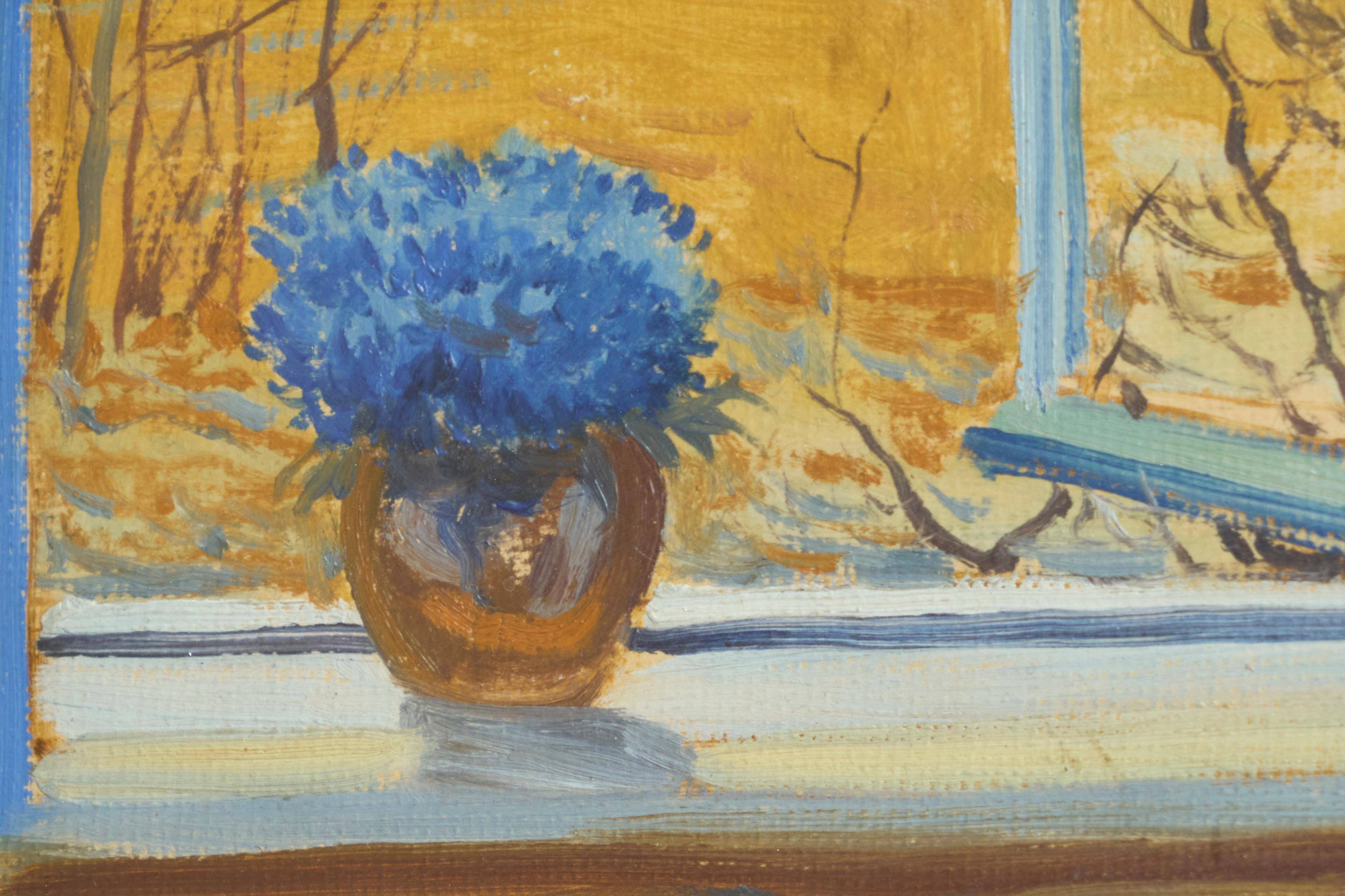Painting of an open window with flowers, Belgium early 20th century.