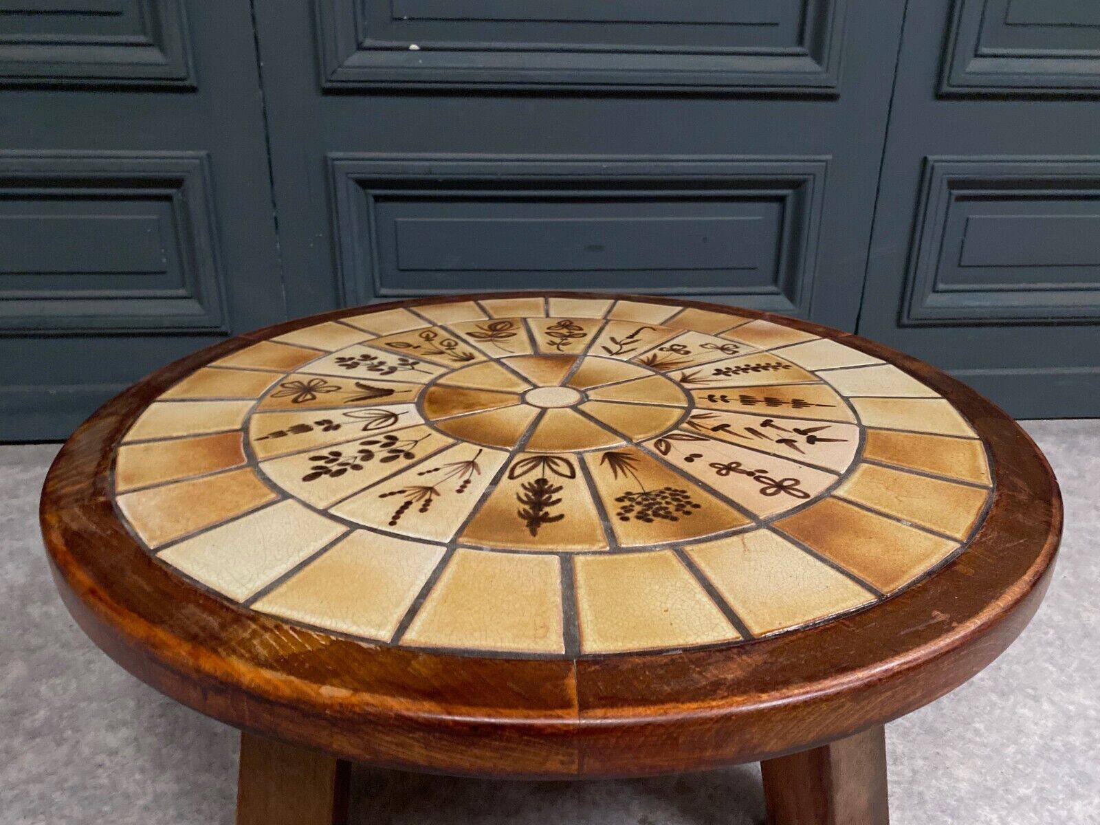 Brutalist ceramic and wood coffee table in the style of Roger Capron
