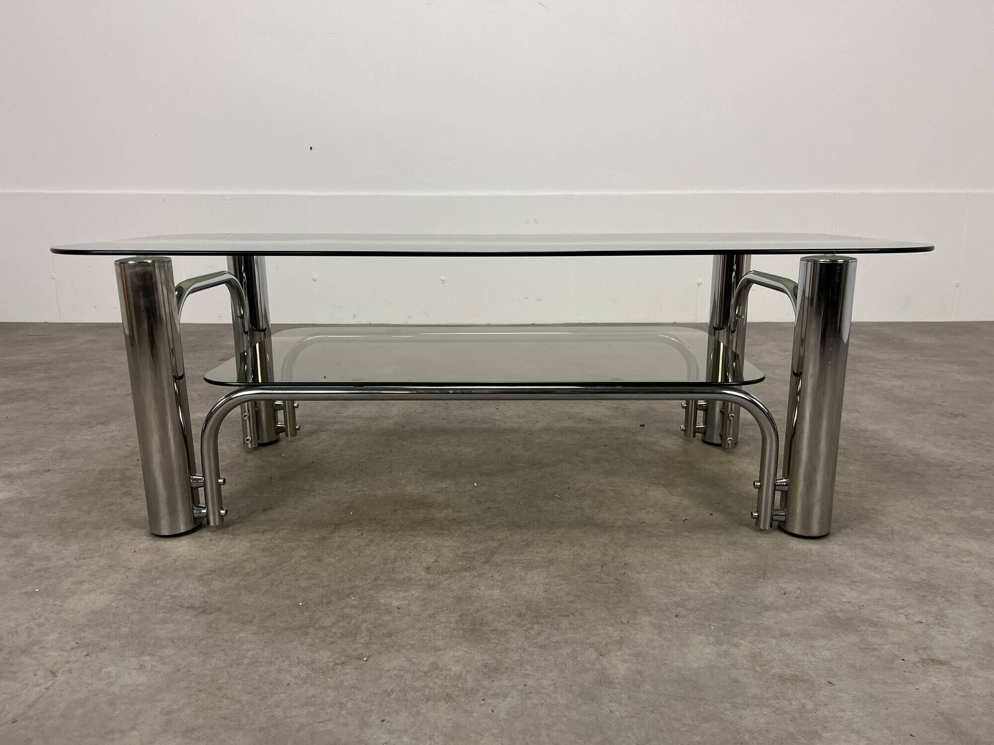Chrome metal and smoked glass coffee table, 70s
