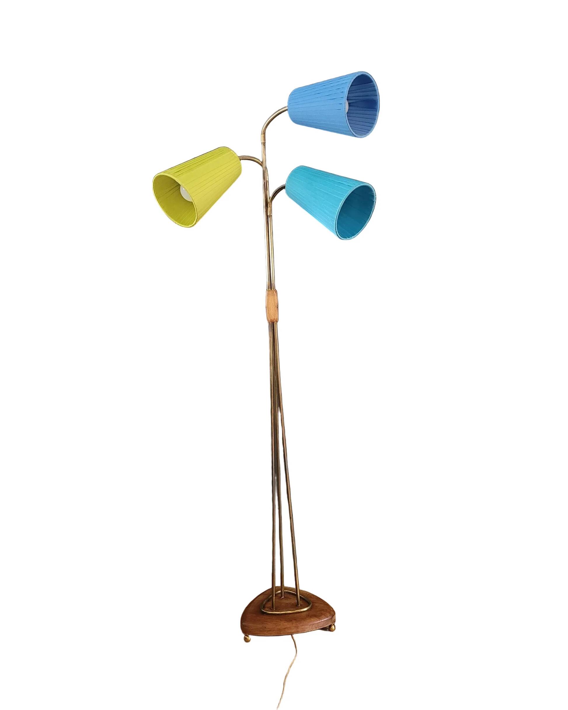 1950s three-light floor lamp with coloured shades