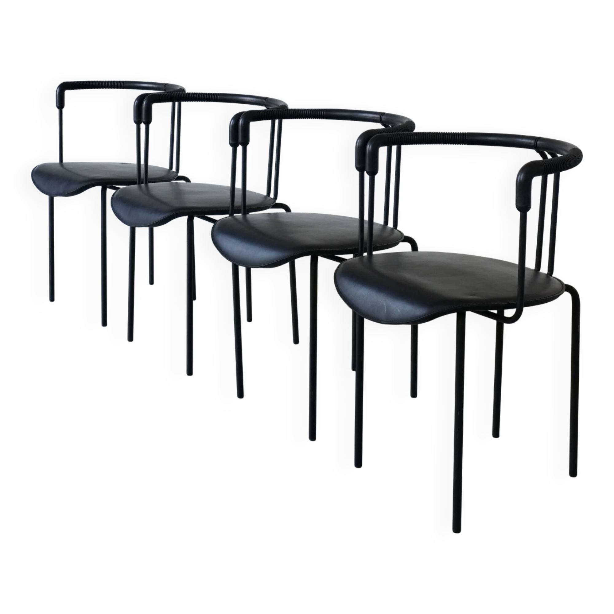 4 postmodern black leather armchairs from Cidue, Italy, 1990s