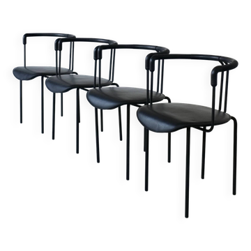 4 fauteuils postmodernes en cuir noir de Cidue, Italie, années 1990
