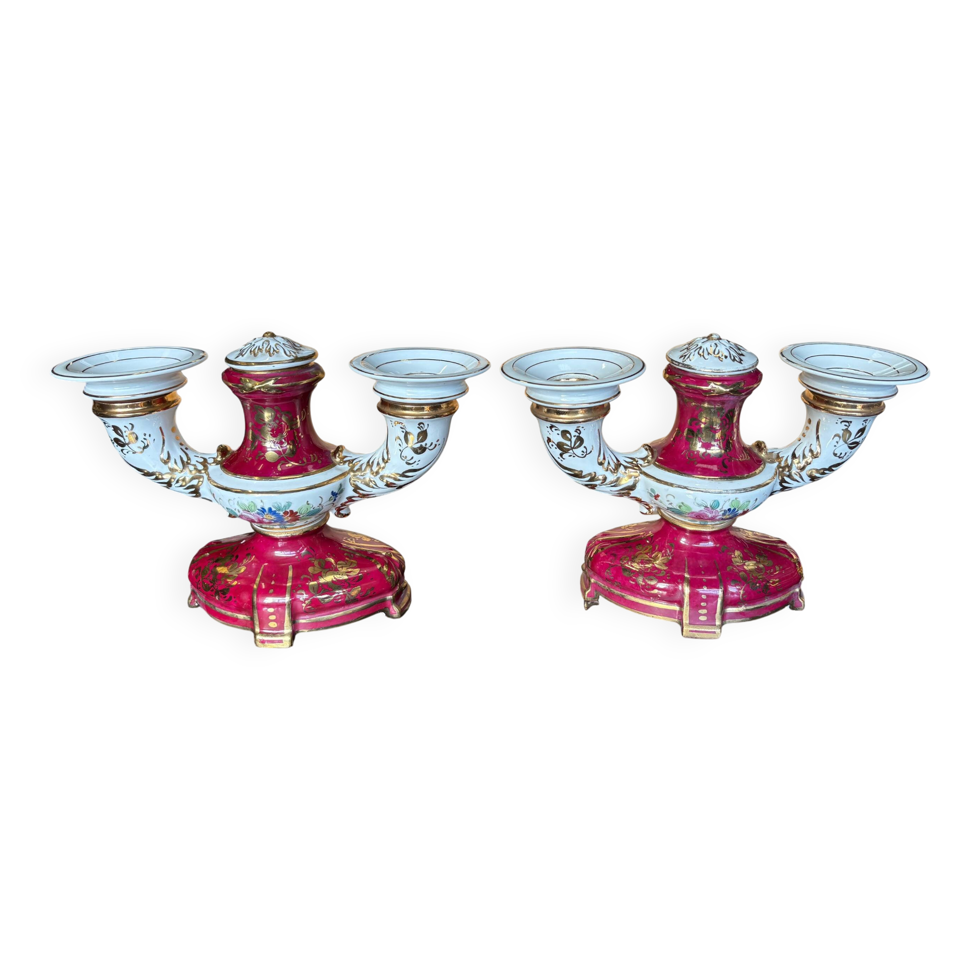 Pair of Limoges porcelain candlesticks with hand-decorated decoration – red and gold
