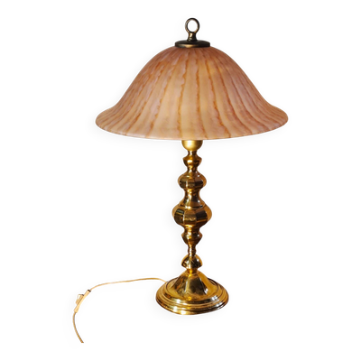 lampe laiton polie 1970 abat jour pate verre vianne 56x35 elec ok