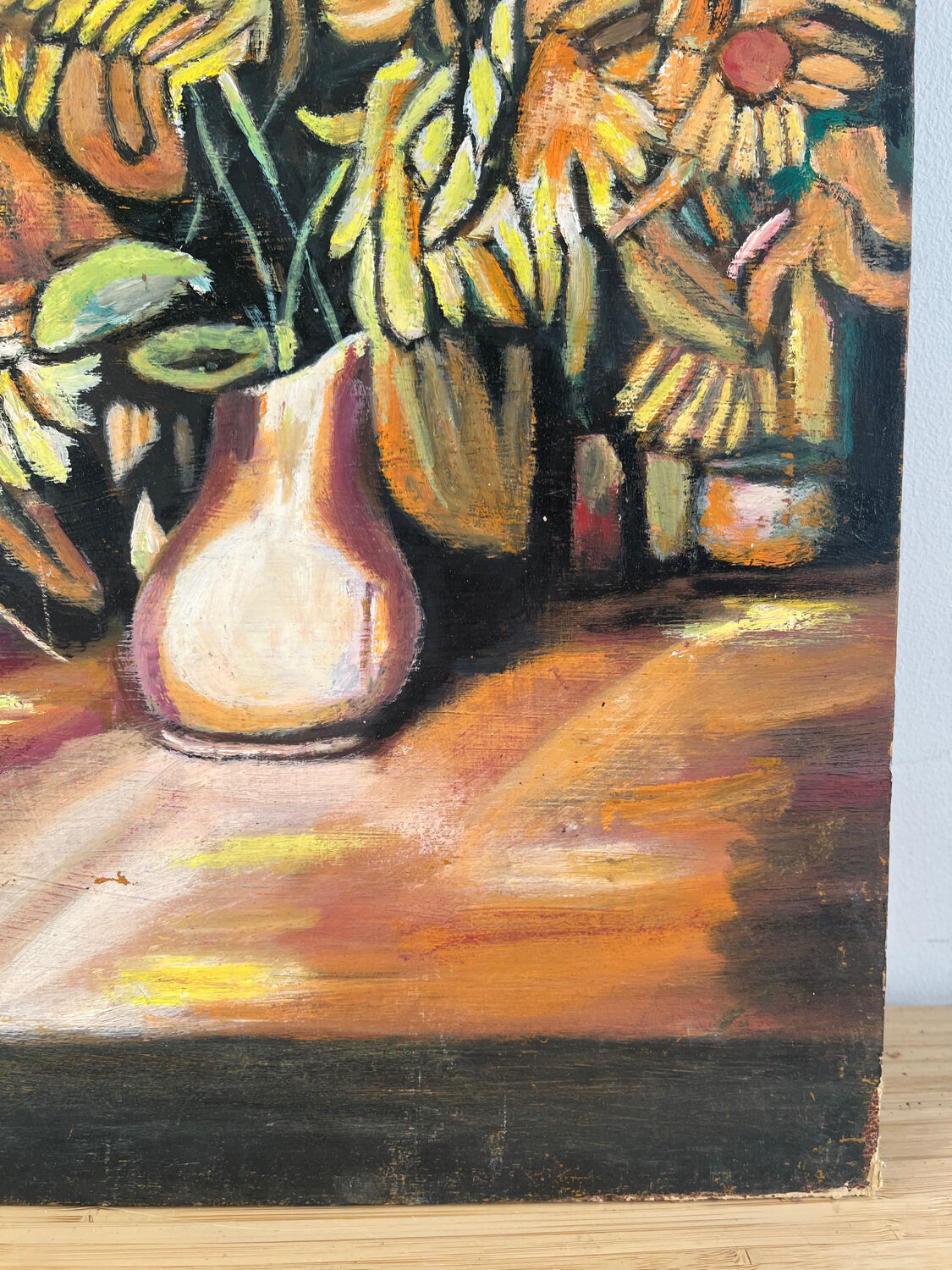 Still life, books and sunflowers, oil on panel