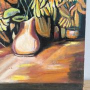 Nature morte, livres et tournesols, huile sur panneau