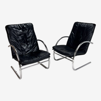 Set of 2 postmodern leather lounge chairs, 1980s
