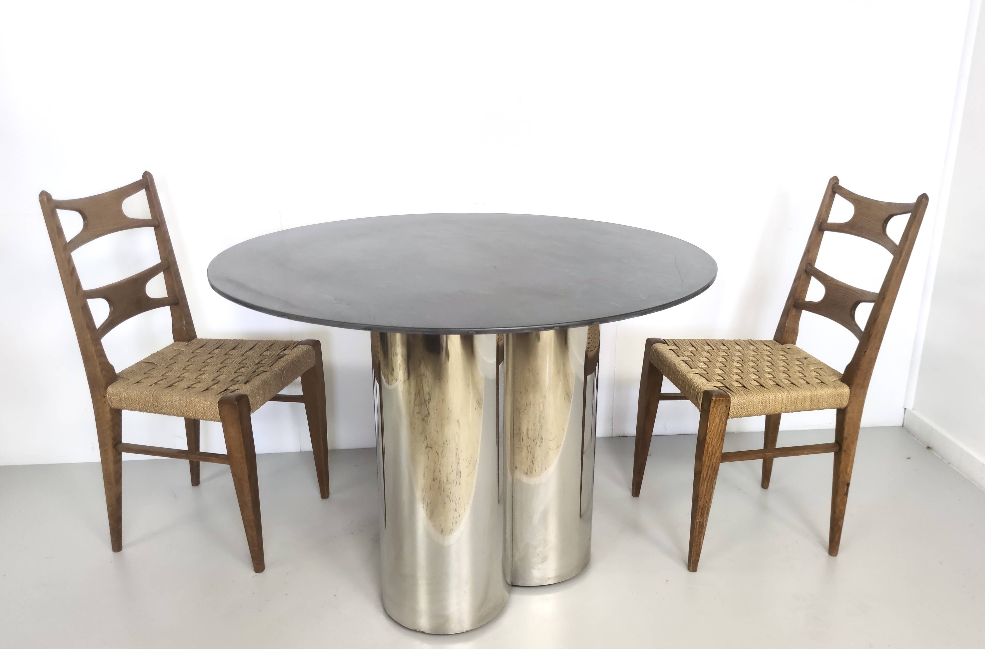 Postmodern Steel Dining Table with a Round Green Marble Top, Italy