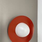 Round red wall light in metal and opaline glass in the Stilnovo style, 20 cm, Italy, 1960s
