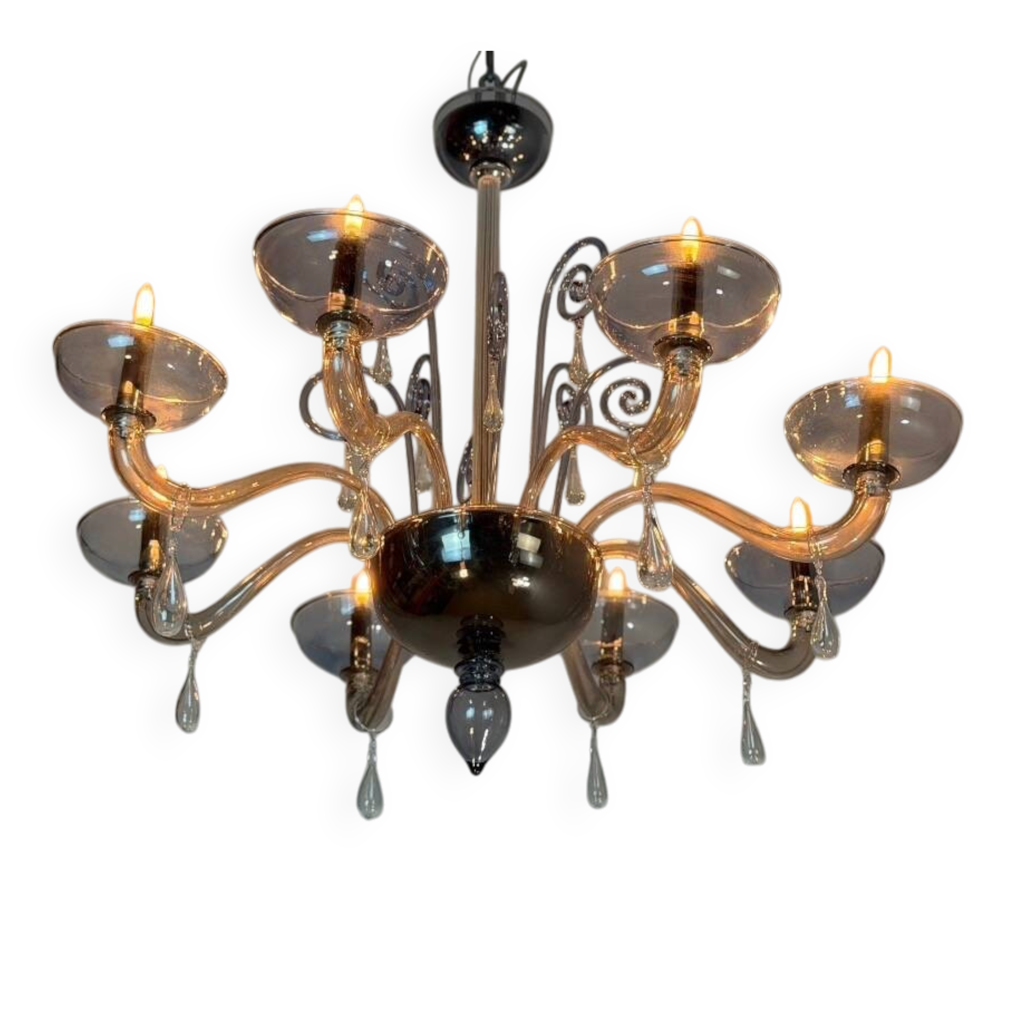 Venetian chandelier in two-tone grey/blue Murano glass with gilding, circa 1990.