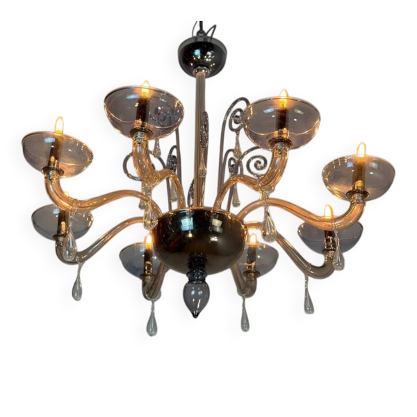 Lustre vénitien en verre de Murano bicolore gris/bleu et mordoré, vers 1990