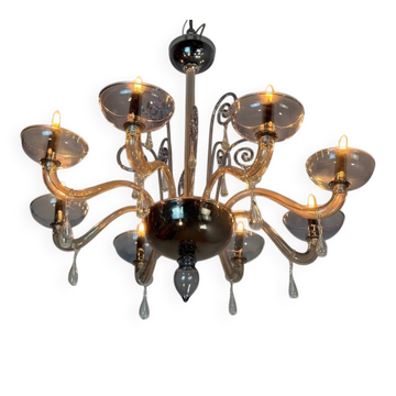 Lustre vénitien en verre de Murano bicolore gris/bleu et mordoré, vers 1990