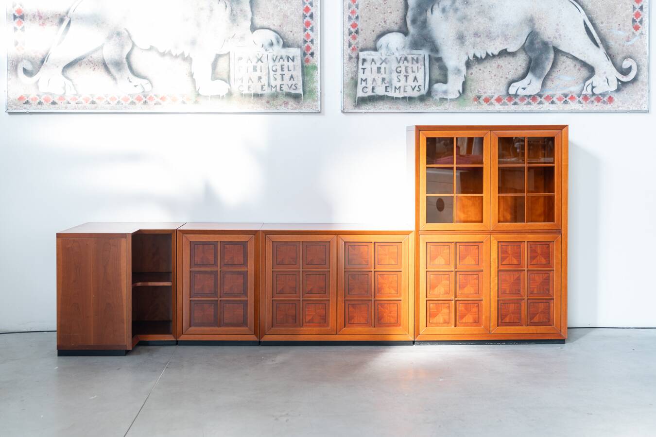 1970s Modular Corner Cabinet in Cherrywood with Glass and Carved Doors – “Fox Hunt” Design