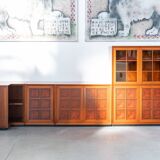 1970s Modular Corner Cabinet in Cherrywood with Glass and Carved Doors – “Fox Hunt” Design