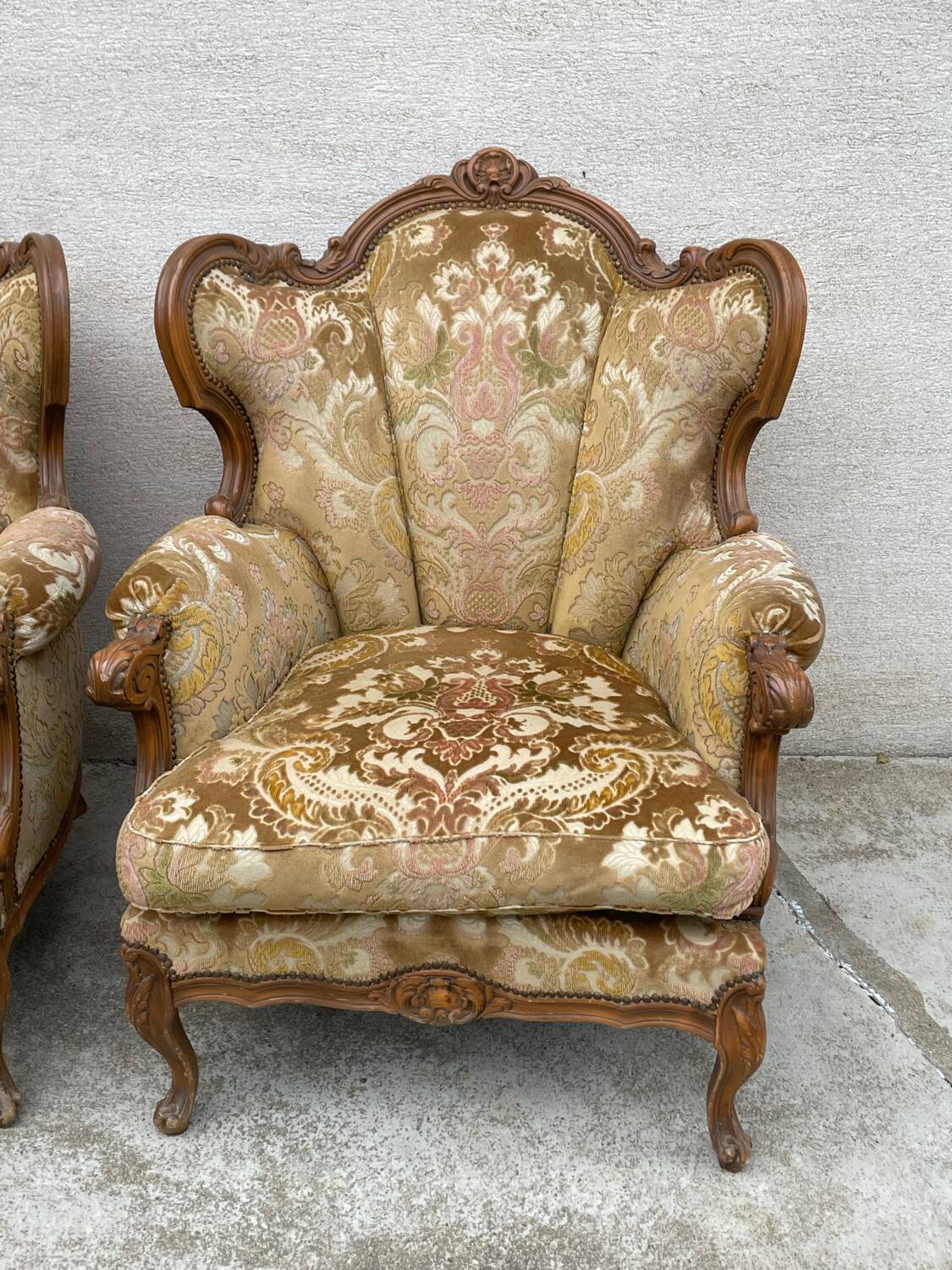 2 Louis XV style armchairs in brocade and velvety fabric