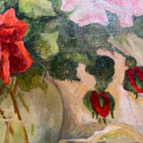 Pair paintings, oil on canvas still life pink flowers