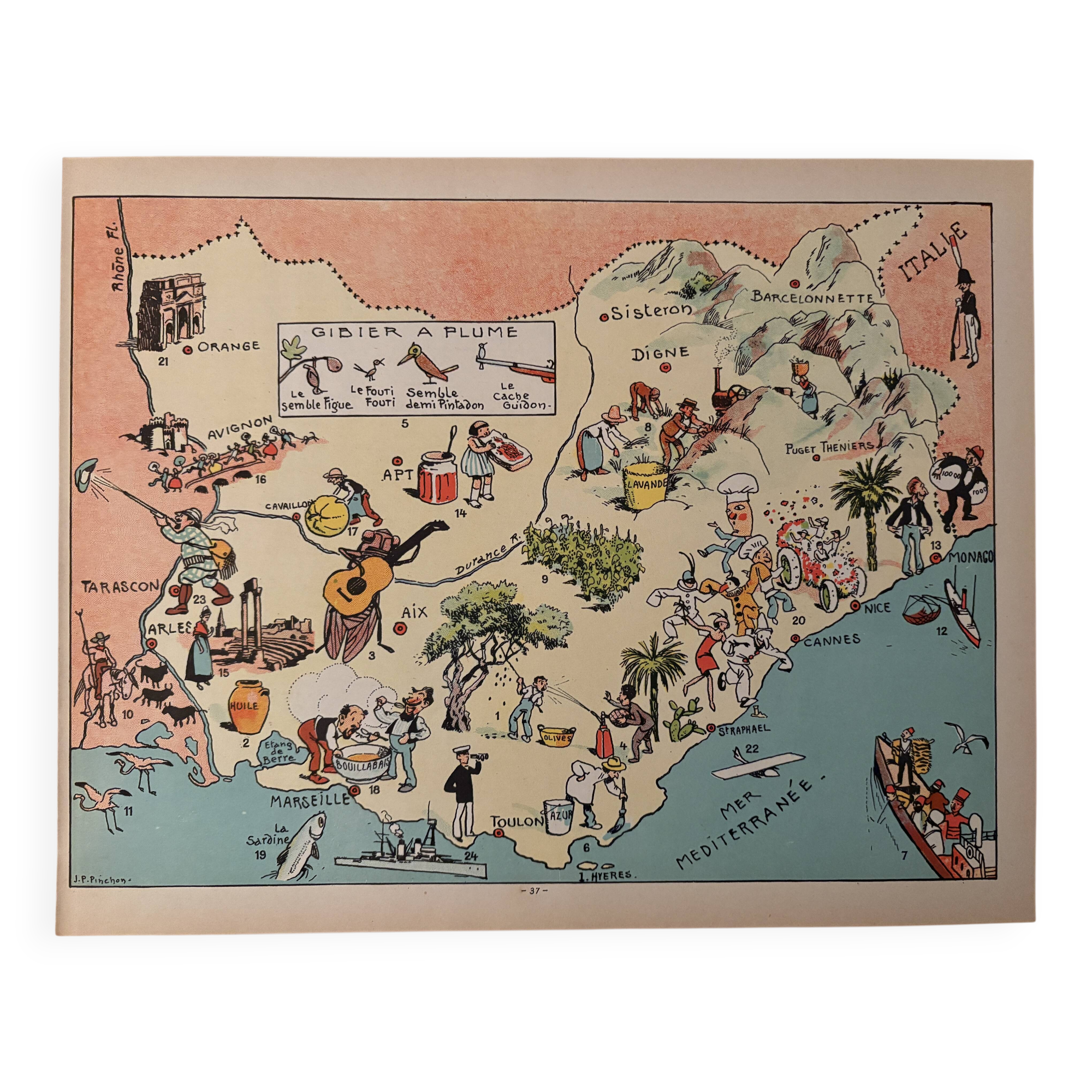Vintage poster, illustrated map of Provence, 1939 - JP Pinchon
