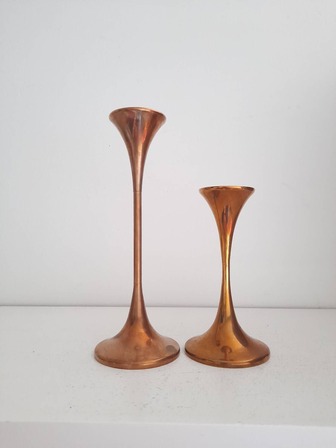 2 Danish solid brass trumpet candlesticks