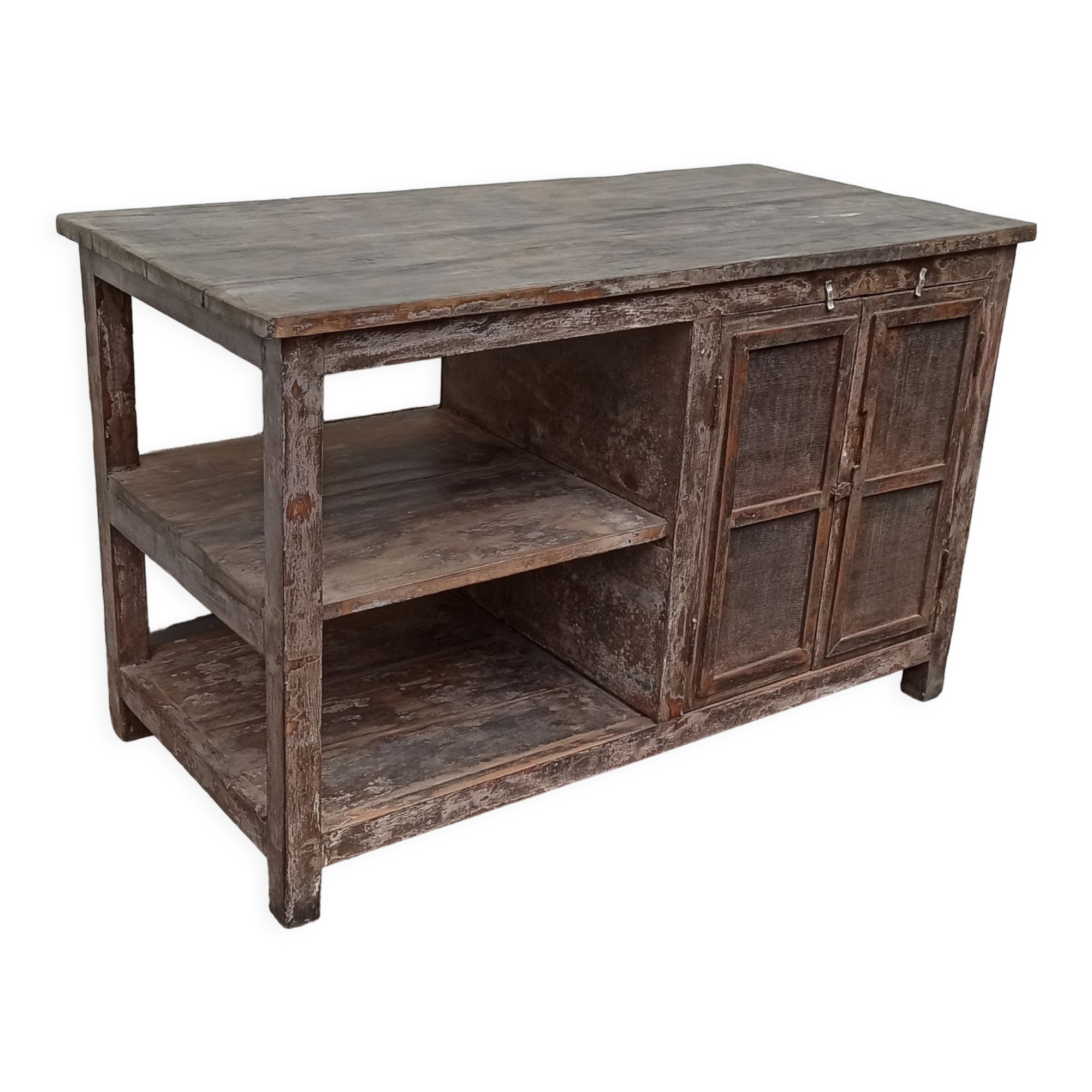 Antique wooden and metal accent furniture with mesh doors