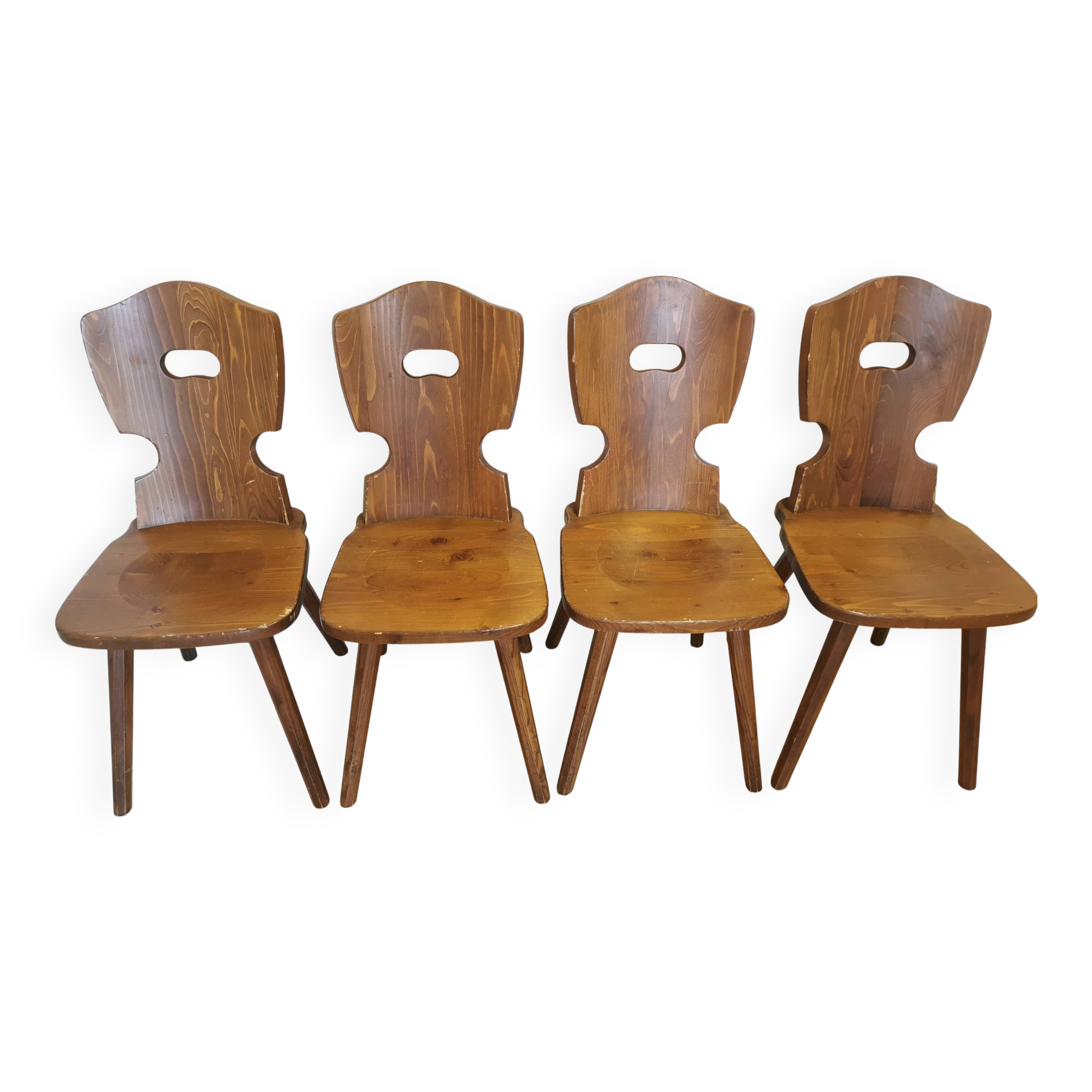 Vintage Tyrolean Wooden Dining Chairs - 1970s Farmhouse Style - Set of 4