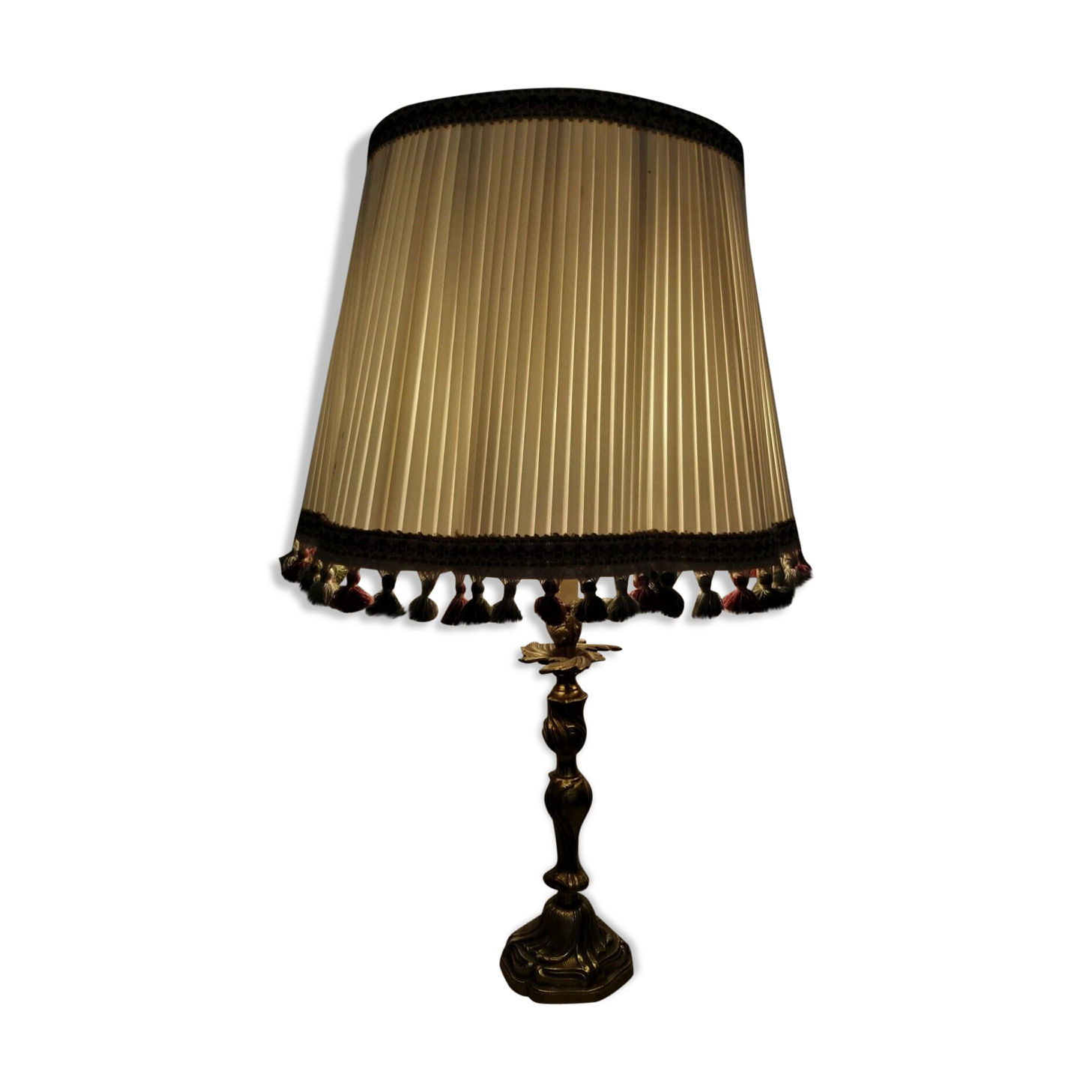 Lampe pied en bronze doré abat jour plissé