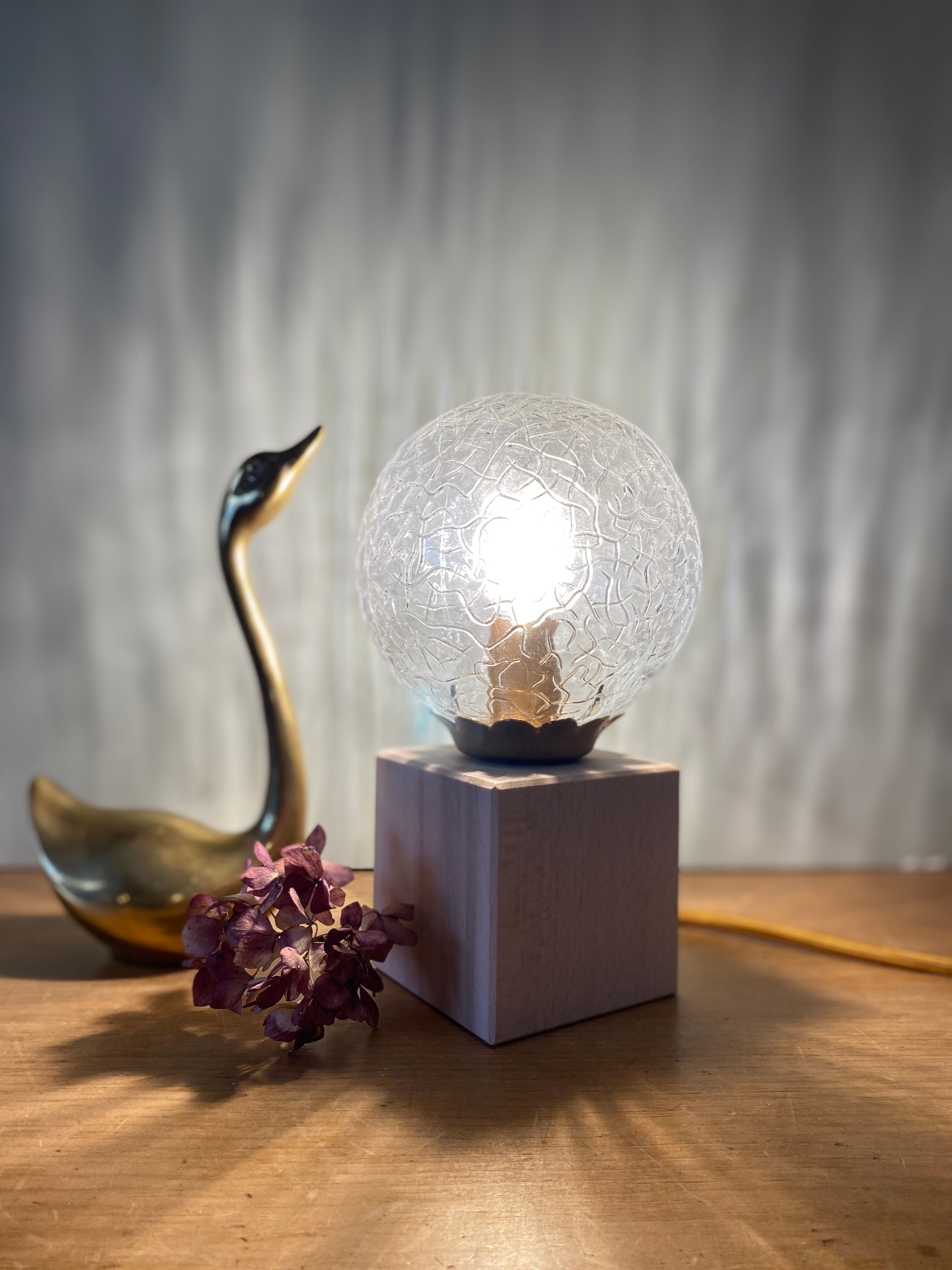 Vintage glass globe table lamp and wooden foot
