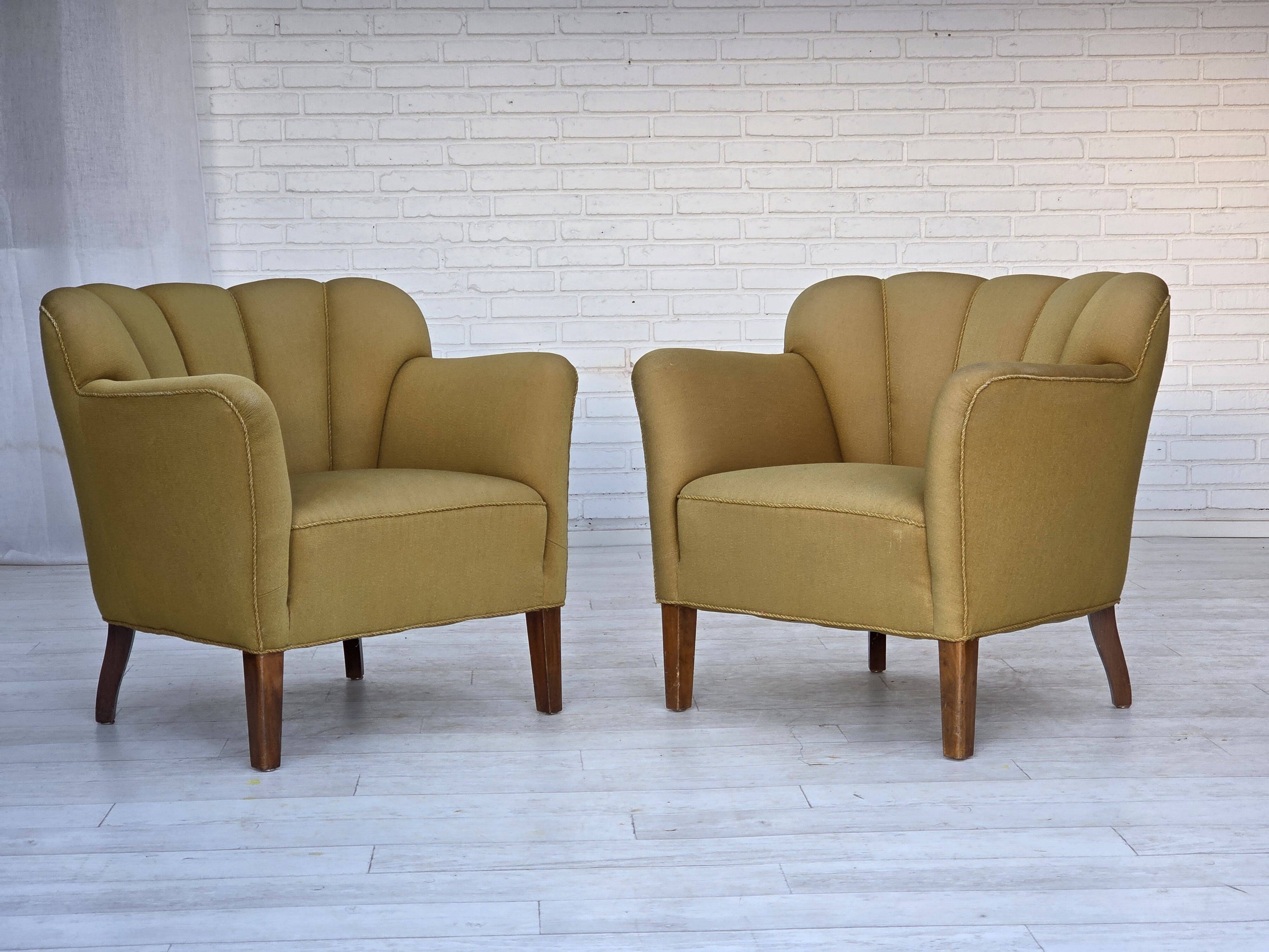 1960s, pair of Danish armchairs, green furniture wool, ash wood legs.