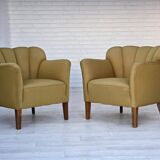 1960s, pair of Danish armchairs, green furniture wool, ash wood legs.
