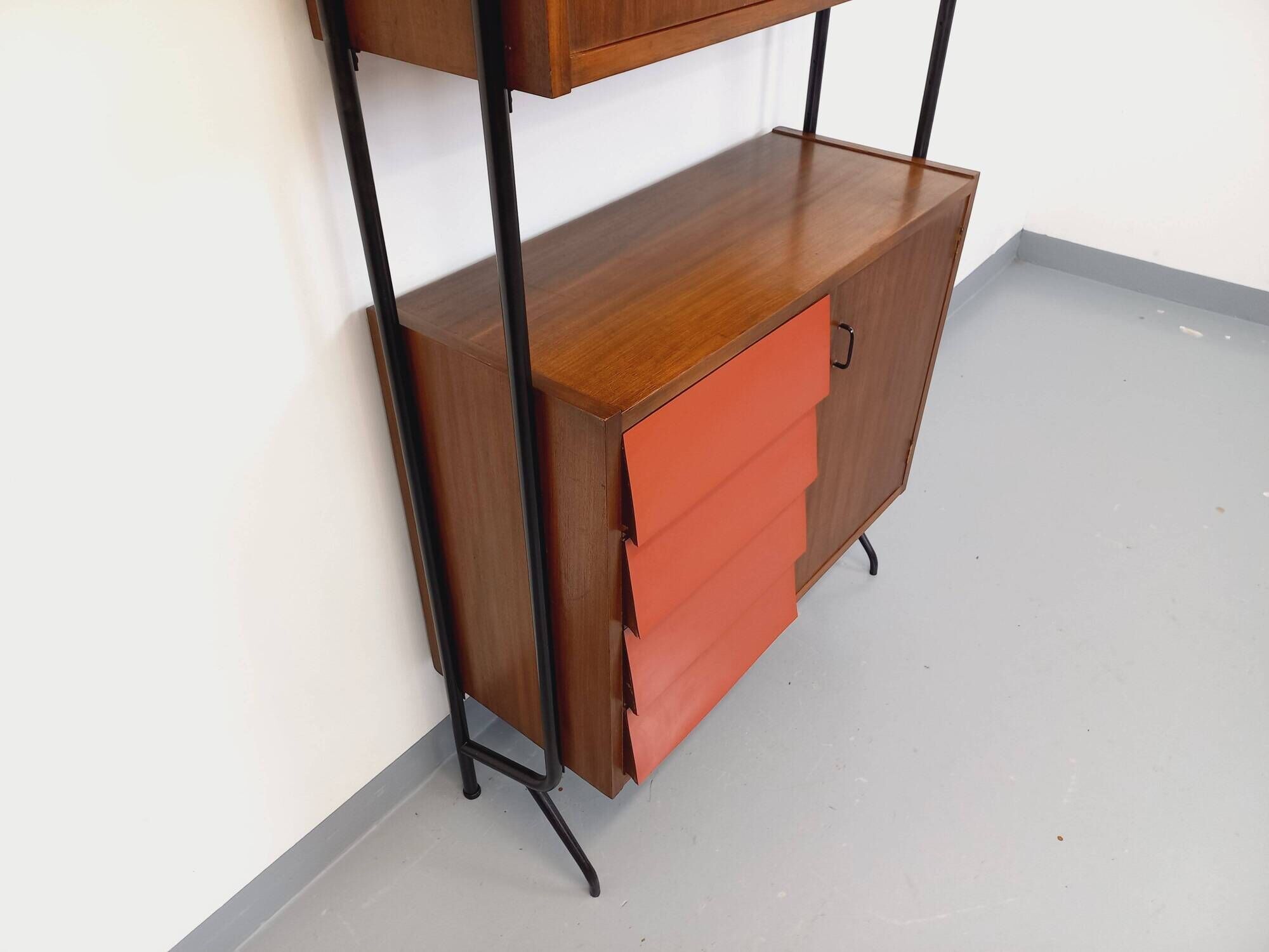 Vintage Italian modular bookcase in teak, metal and melamine