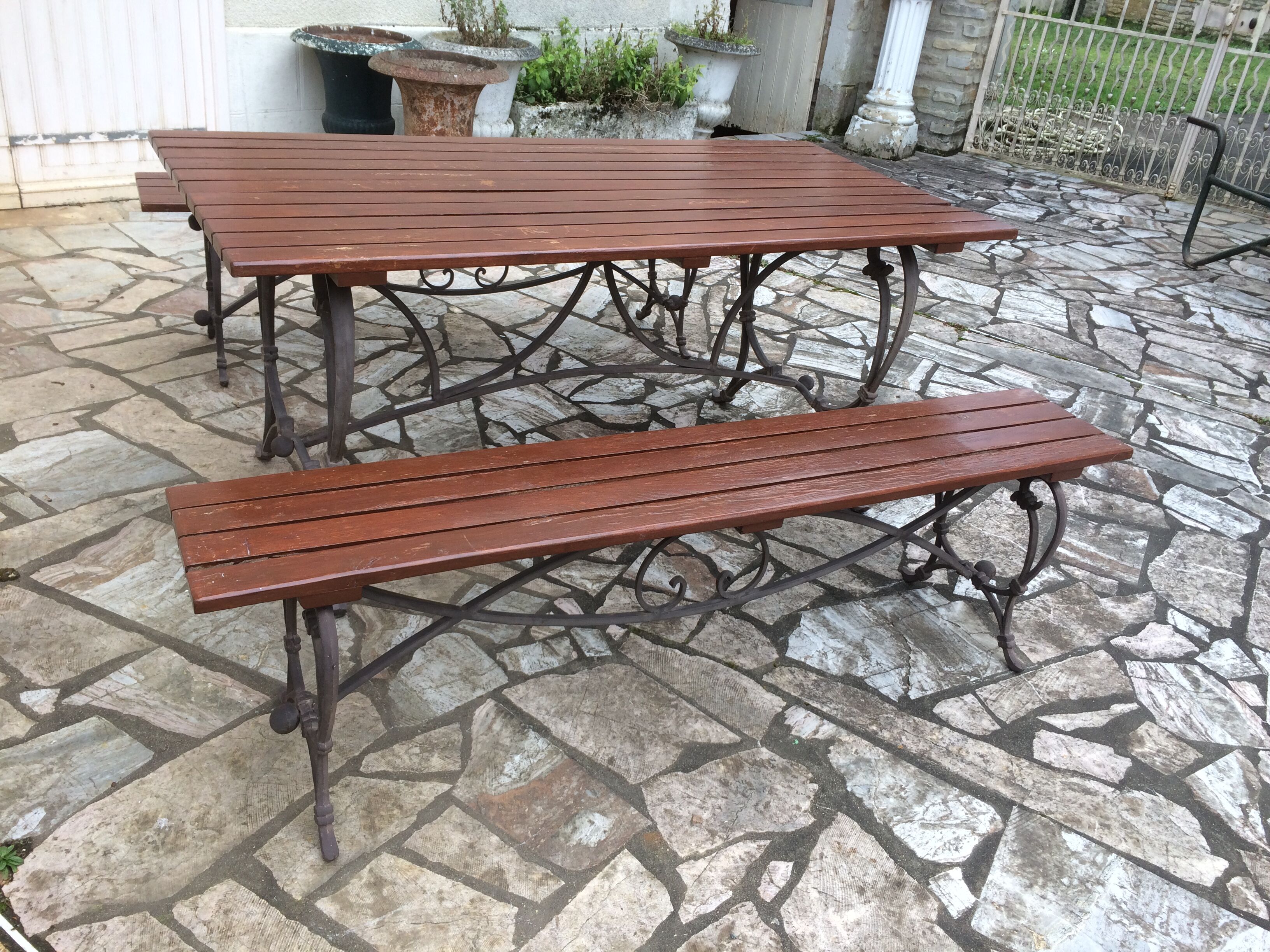 Garden lounge table and 2 cast iron and oak benches