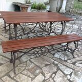 Garden lounge table and 2 cast iron and oak benches