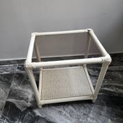 Rattan and cane side table with tinted glass top