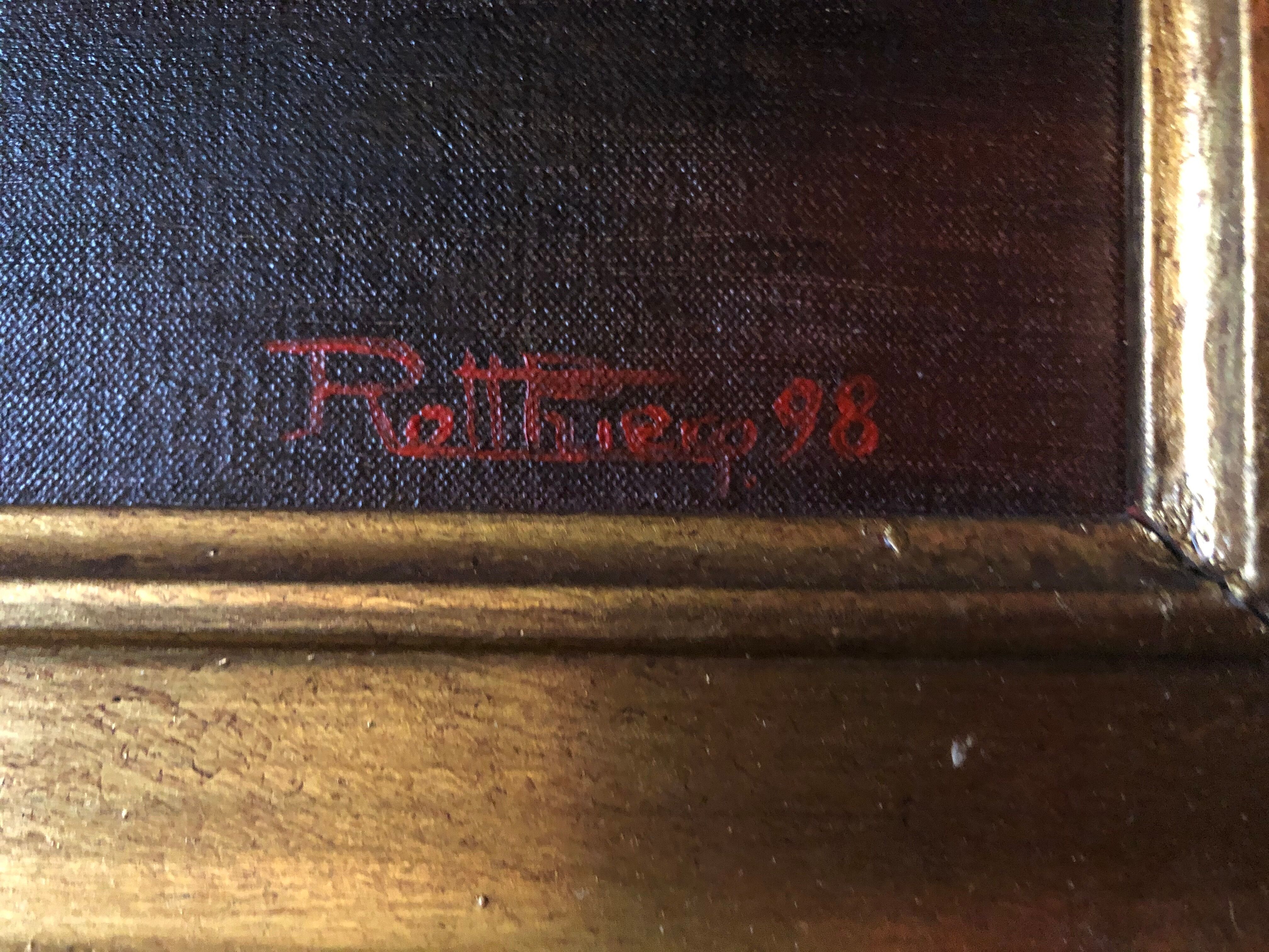 Oil on canvas: still life with apples, strawberries and tea service