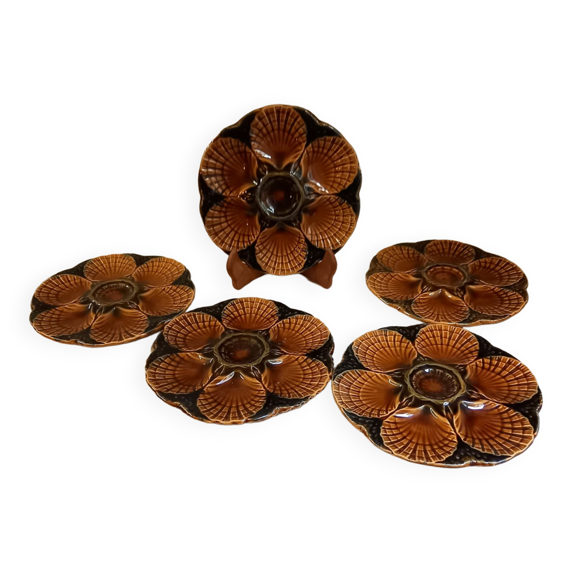 Set of 5 oyster plates in slip, sarreguemines