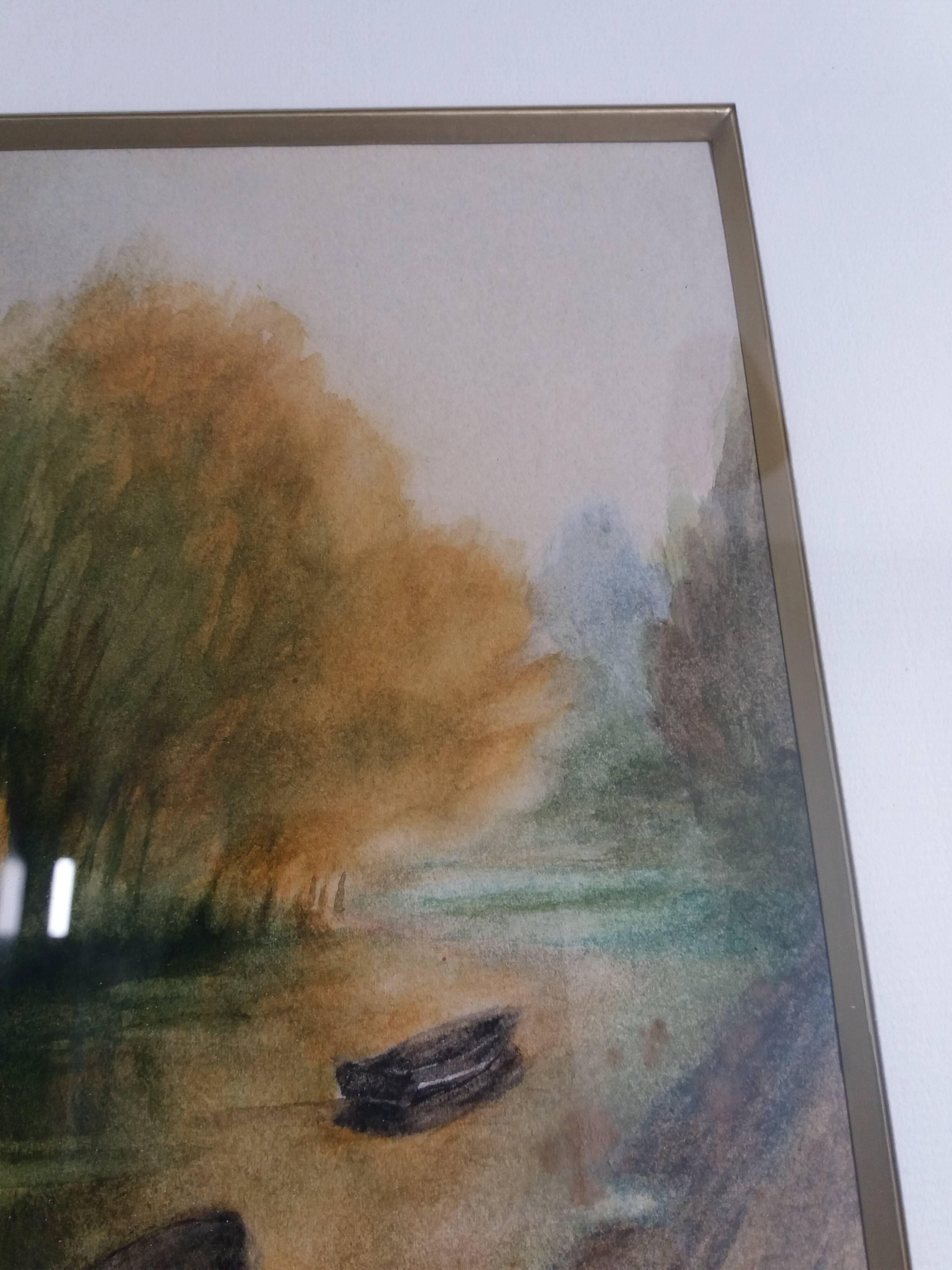 Signed painting, landscape, boat on river, Poitevin marsh