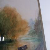 Signed painting, landscape, boat on river, Poitevin marsh